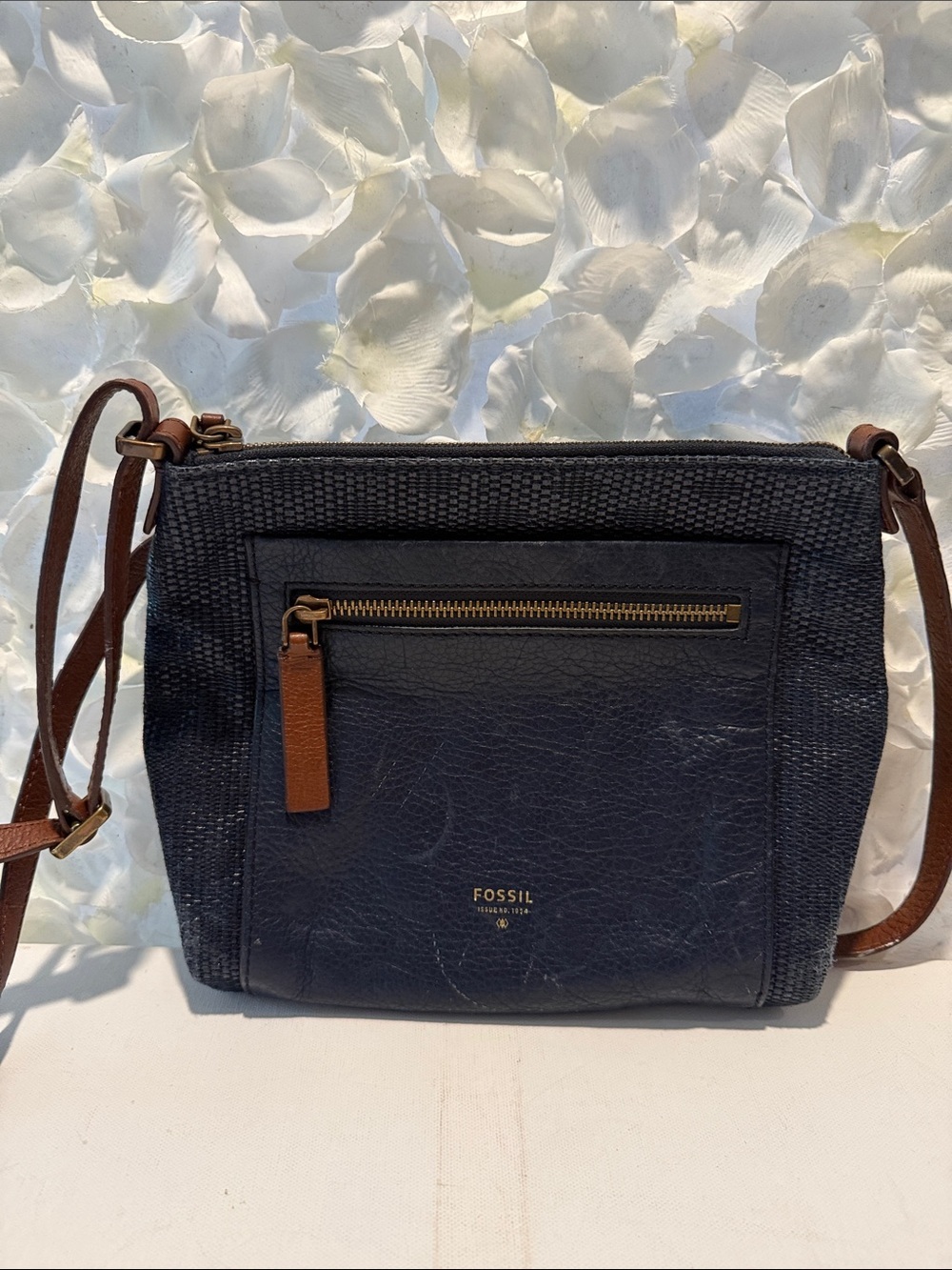 Fossil Navy Crossbody with Brown Leather Strap